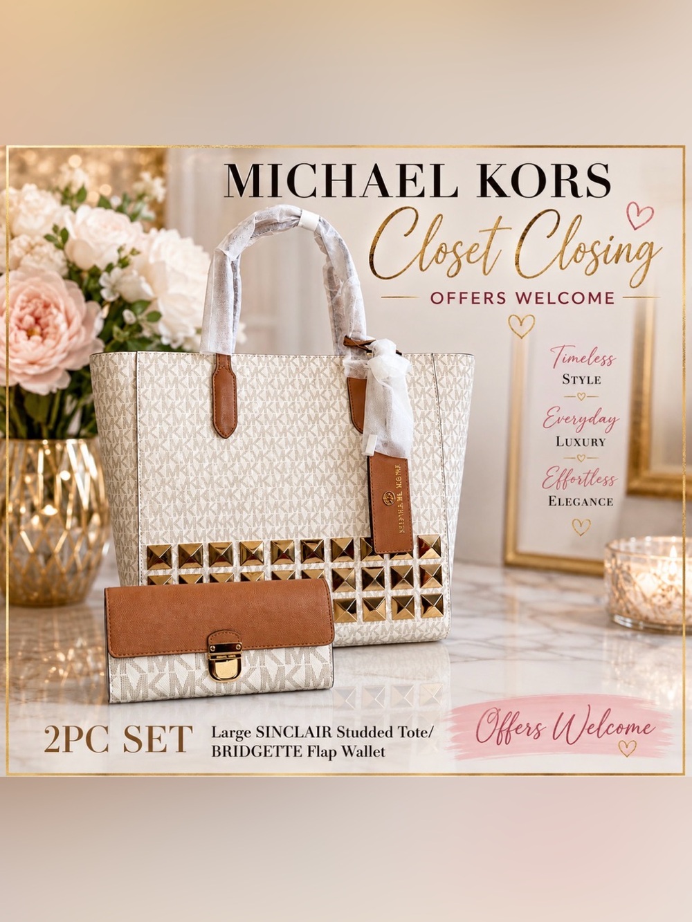 Michael Kors Large SINCLAIR Studded Tote/ BRIDGETTE Flap Wallet 2pc Set